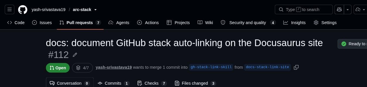 GitHub stack badge on a PR opened by arc
